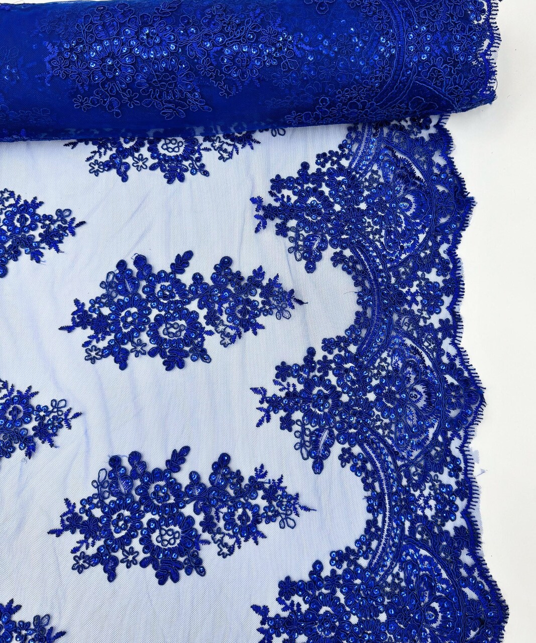 Royal Blue Sequin Embroidered Lace Fabric by the Yard, 54" Wide Floral Mesh Lace with Double Scalloped Edges
